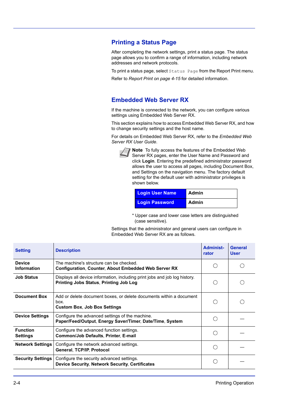 Embedded web server rx, Printing a status page | TA Triumph-Adler P-C3570DN User Manual | Page 31 / 255