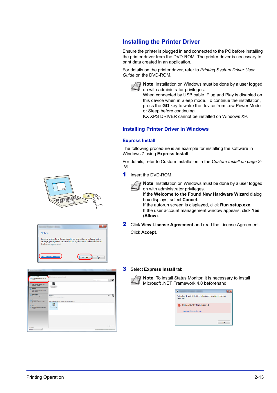 Installing the printer driver, Installing printer driver in windows, Express install | Installing the printer driver -13 | TA Triumph-Adler P-C3570DN User Manual | Page 40 / 255