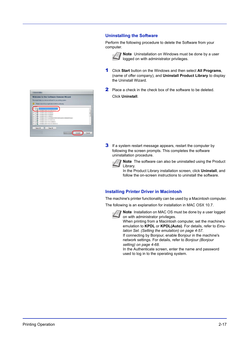 Uninstalling the software, Installing printer driver in macintosh | TA Triumph-Adler P-C3570DN User Manual | Page 44 / 255
