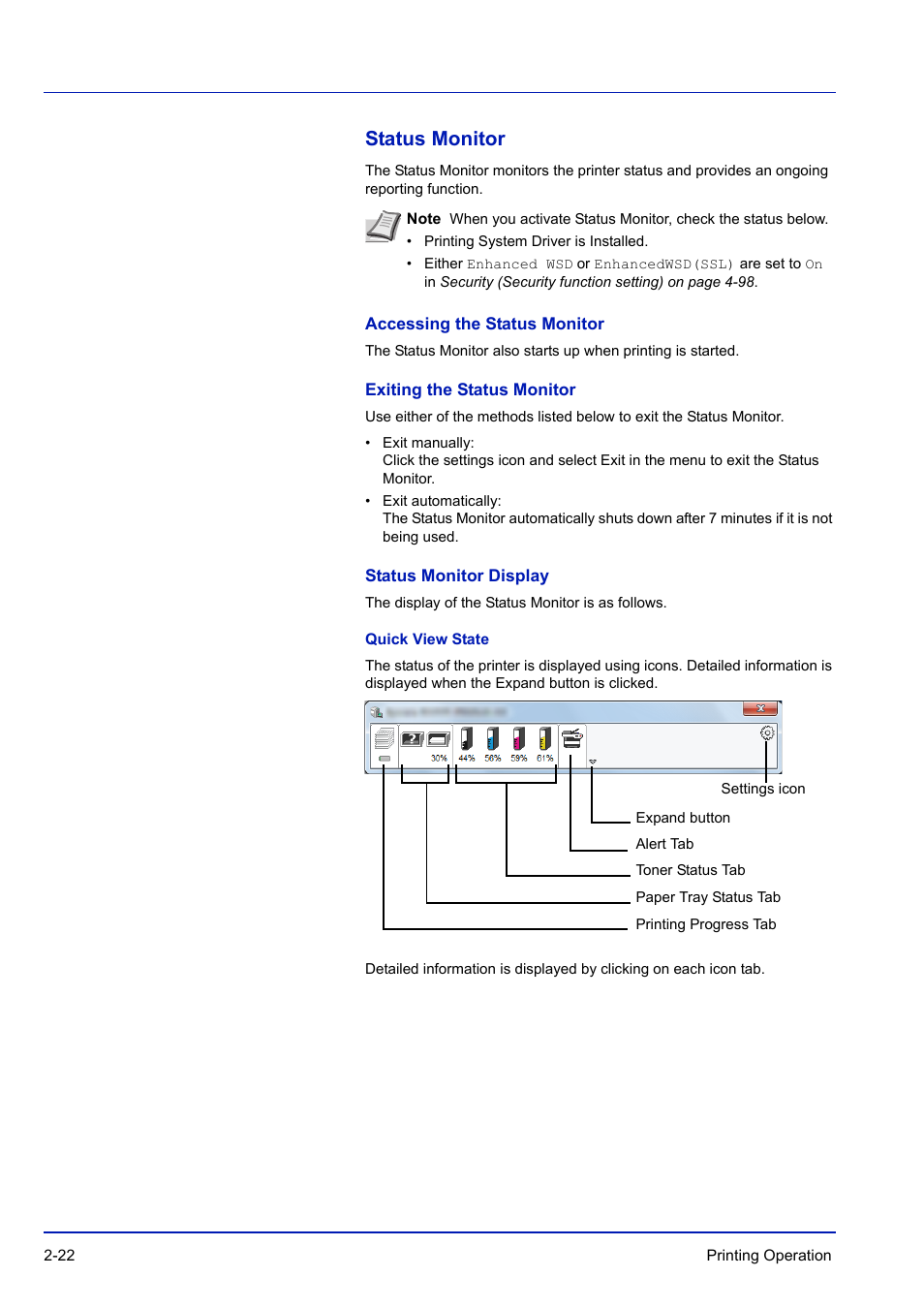 Status monitor, Accessing the status monitor, Exiting the status monitor | Status monitor display, Quick view state, Status monitor -22 | TA Triumph-Adler P-C3570DN User Manual | Page 49 / 255