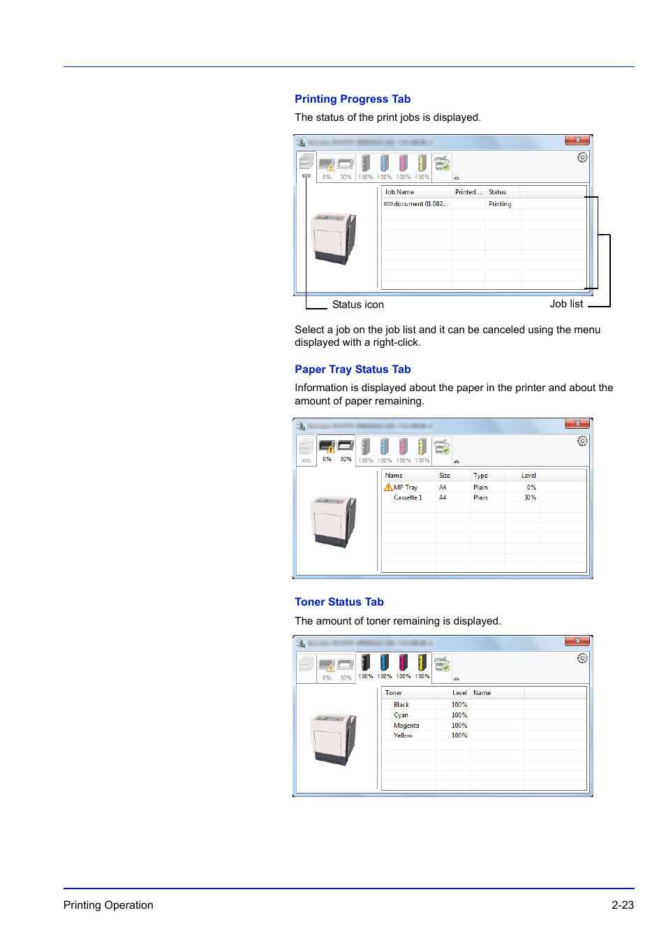 Printing progress tab, Paper tray status tab, Toner status tab | TA Triumph-Adler P-C3570DN User Manual | Page 50 / 255