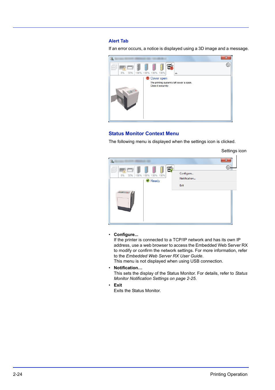 Alert tab, Status monitor context menu | TA Triumph-Adler P-C3570DN User Manual | Page 51 / 255
