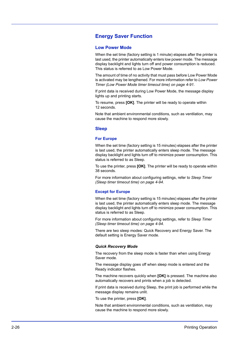 Energy saver function, Low power mode, Sleep | For europe, Except for europe, Energy saver function -26 | TA Triumph-Adler P-C3570DN User Manual | Page 53 / 255