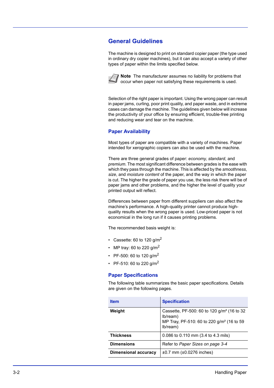 General guidelines, Paper availability, Paper specifications | General guidelines -2 | TA Triumph-Adler P-C3570DN User Manual | Page 57 / 255
