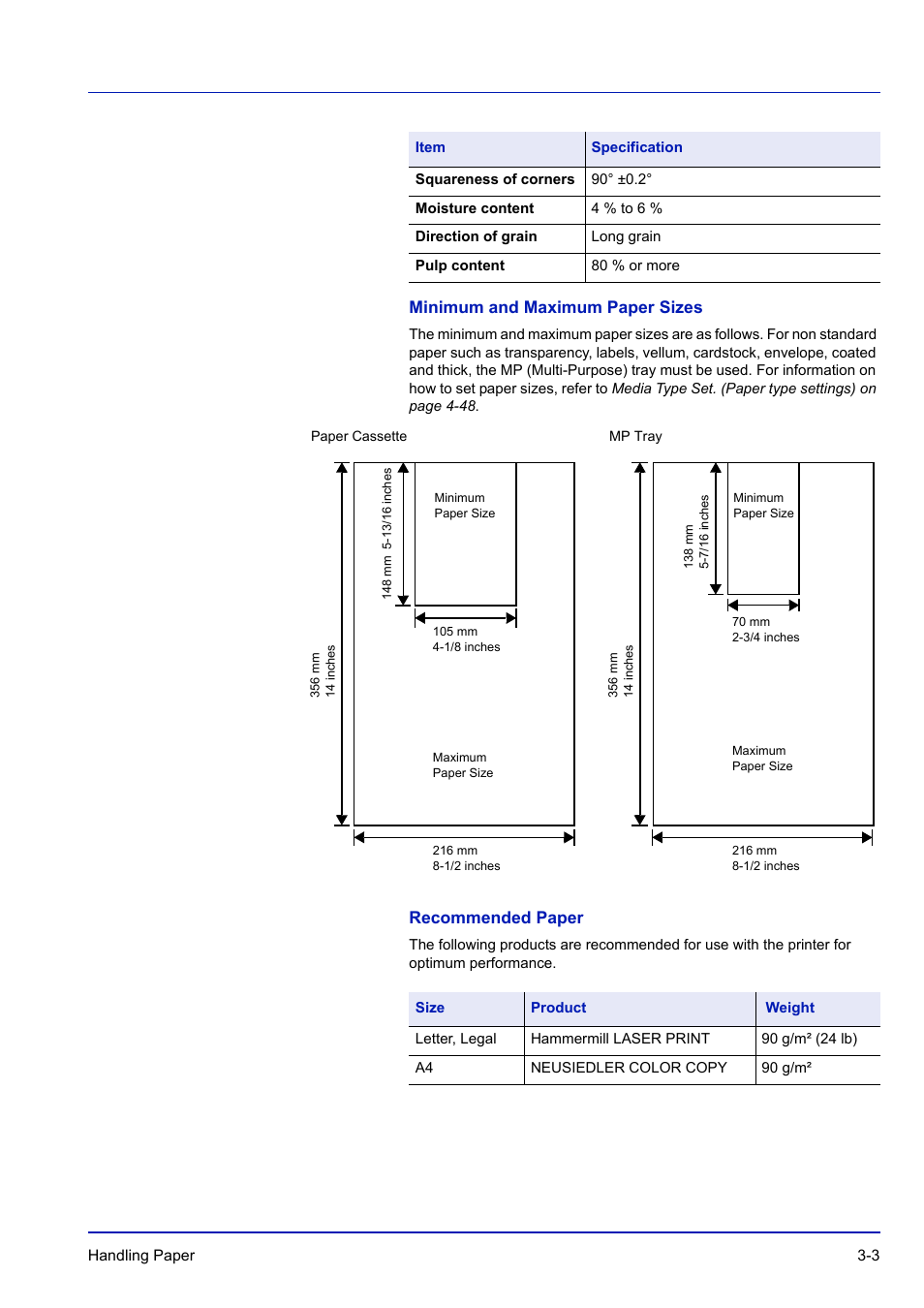 Minimum and maximum paper sizes, Recommended paper | TA Triumph-Adler P-C3570DN User Manual | Page 58 / 255