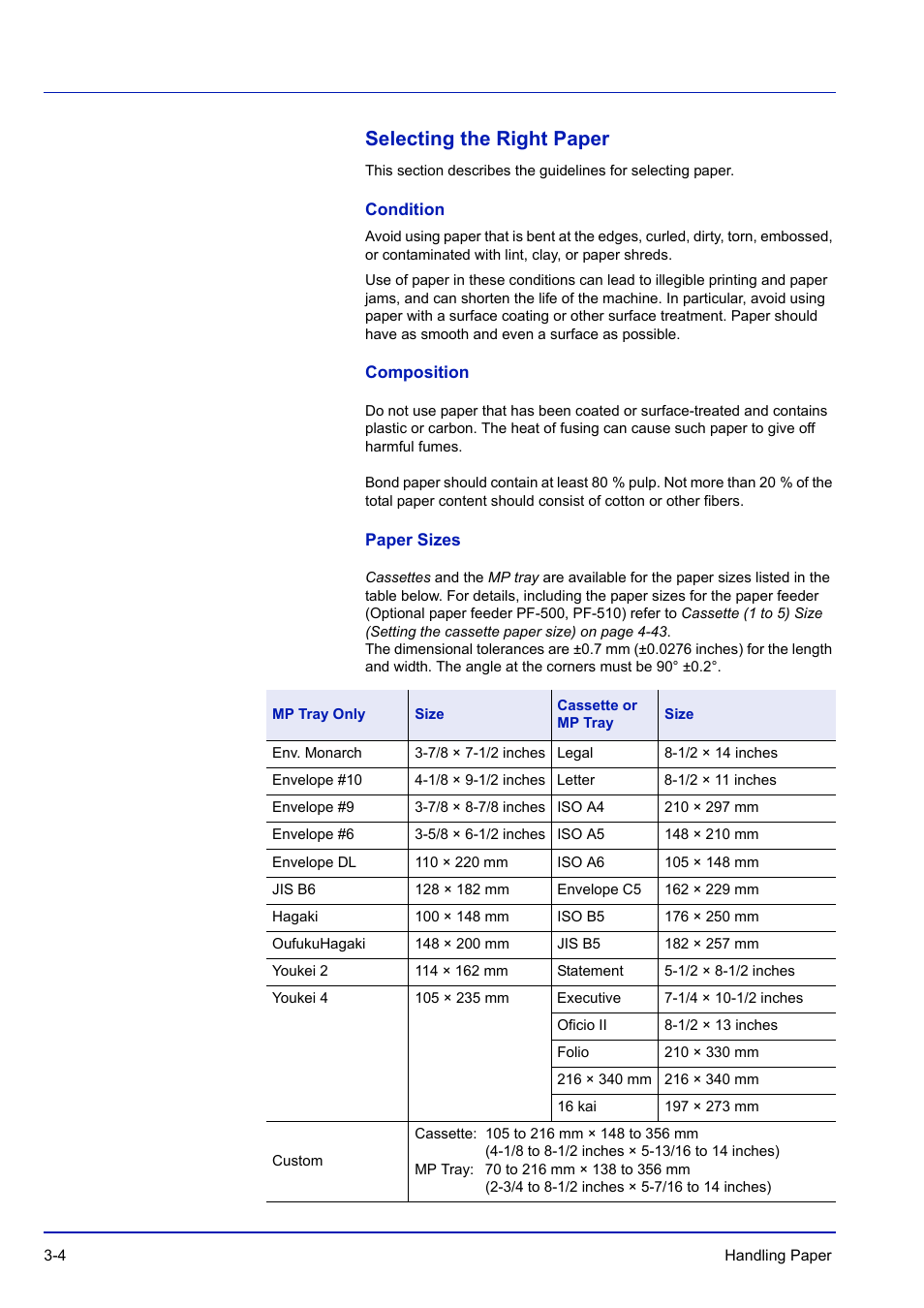 Selecting the right paper, Condition, Composition | Paper sizes, Selecting the right paper -4 | TA Triumph-Adler P-C3570DN User Manual | Page 59 / 255