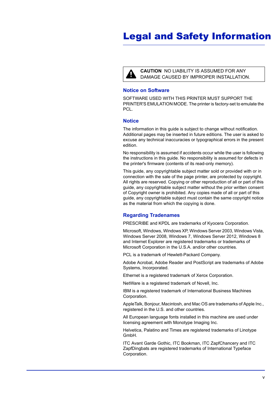 Legal and safety information, Notice on software, Notice | Regarding tradenames | TA Triumph-Adler P-C3570DN User Manual | Page 6 / 255