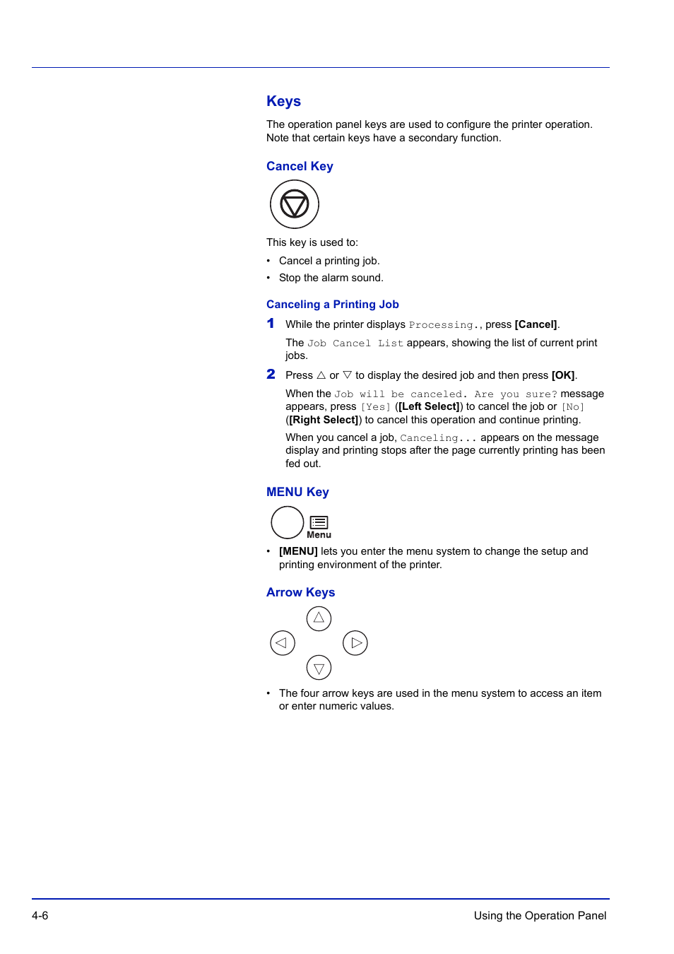 Keys, Cancel key, Canceling a printing job | Menu key, Arrow keys, Keys -6 | TA Triumph-Adler P-C3570DN User Manual | Page 79 / 255