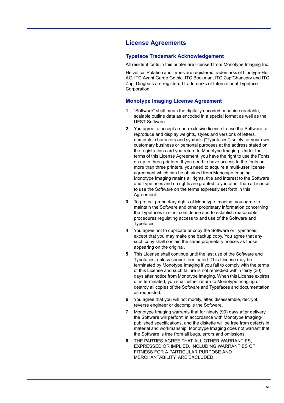 License agreements, Typeface trademark acknowledgement, Monotype imaging license agreement | TA Triumph-Adler P-C3570DN User Manual | Page 8 / 255