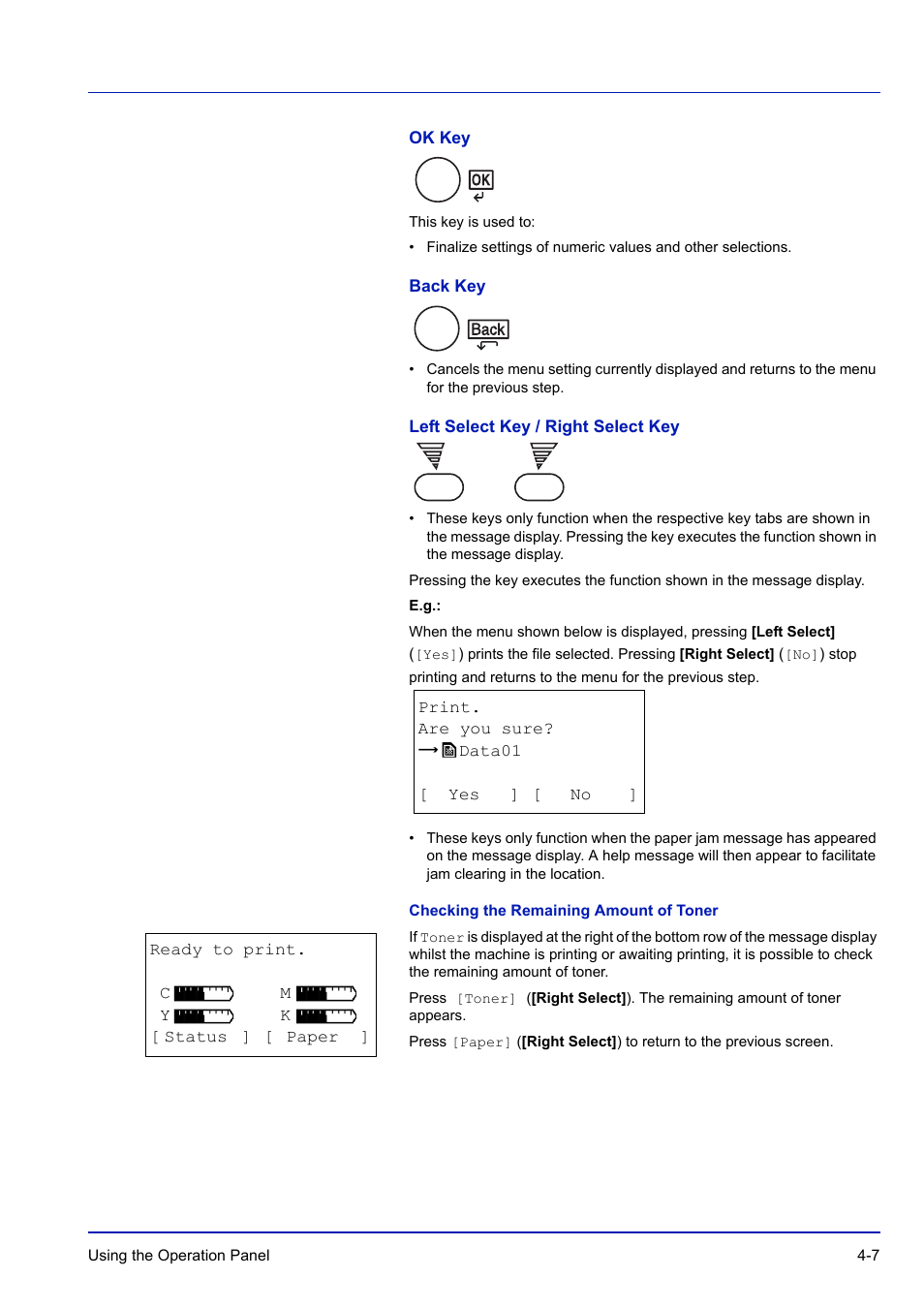 Ok key, Back key, Left select key / right select key | Checking the remaining amount of toner | TA Triumph-Adler P-C3570DN User Manual | Page 80 / 255