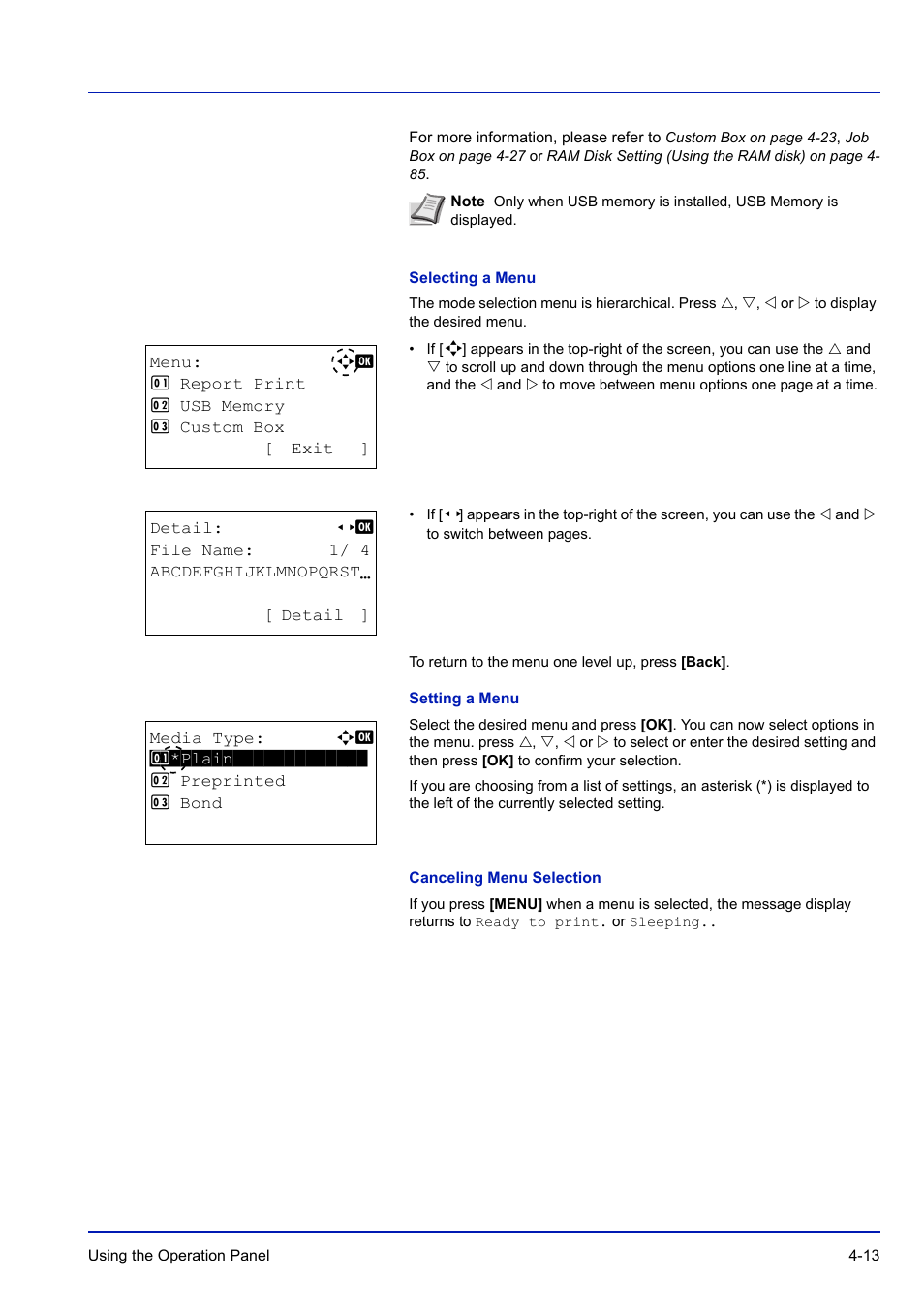 Selecting a menu, Setting a menu, Canceling menu selection | TA Triumph-Adler P-C3570DN User Manual | Page 86 / 255