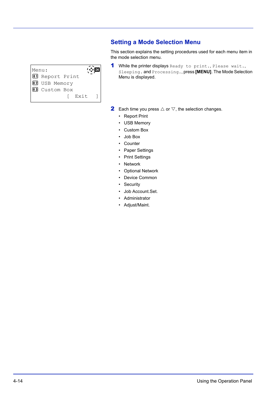 Setting a mode selection menu, Setting a mode selection menu -14 | TA Triumph-Adler P-C3570DN User Manual | Page 87 / 255