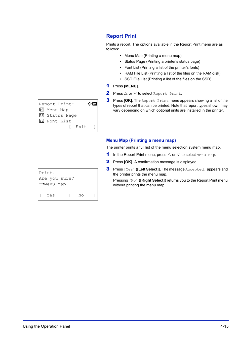 Report print, Menu map (printing a menu map), Report print -15 | TA Triumph-Adler P-C3570DN User Manual | Page 88 / 255