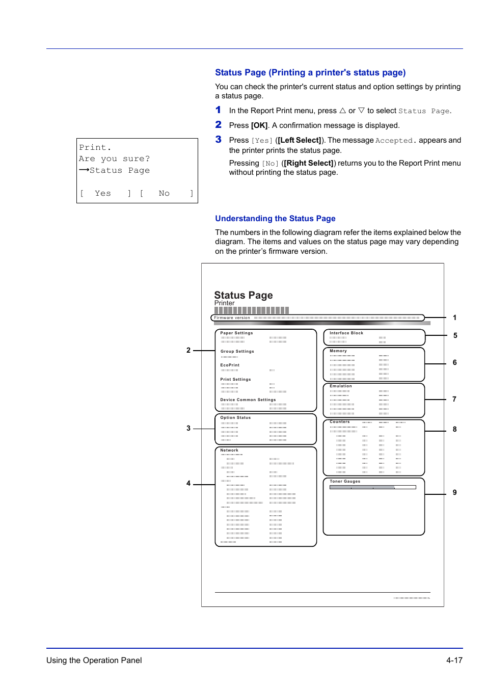 Status page, Status page (printing a printer's status page), Print. are you sure? z status page [ yes ] [ no | TA Triumph-Adler P-C3570DN User Manual | Page 90 / 255