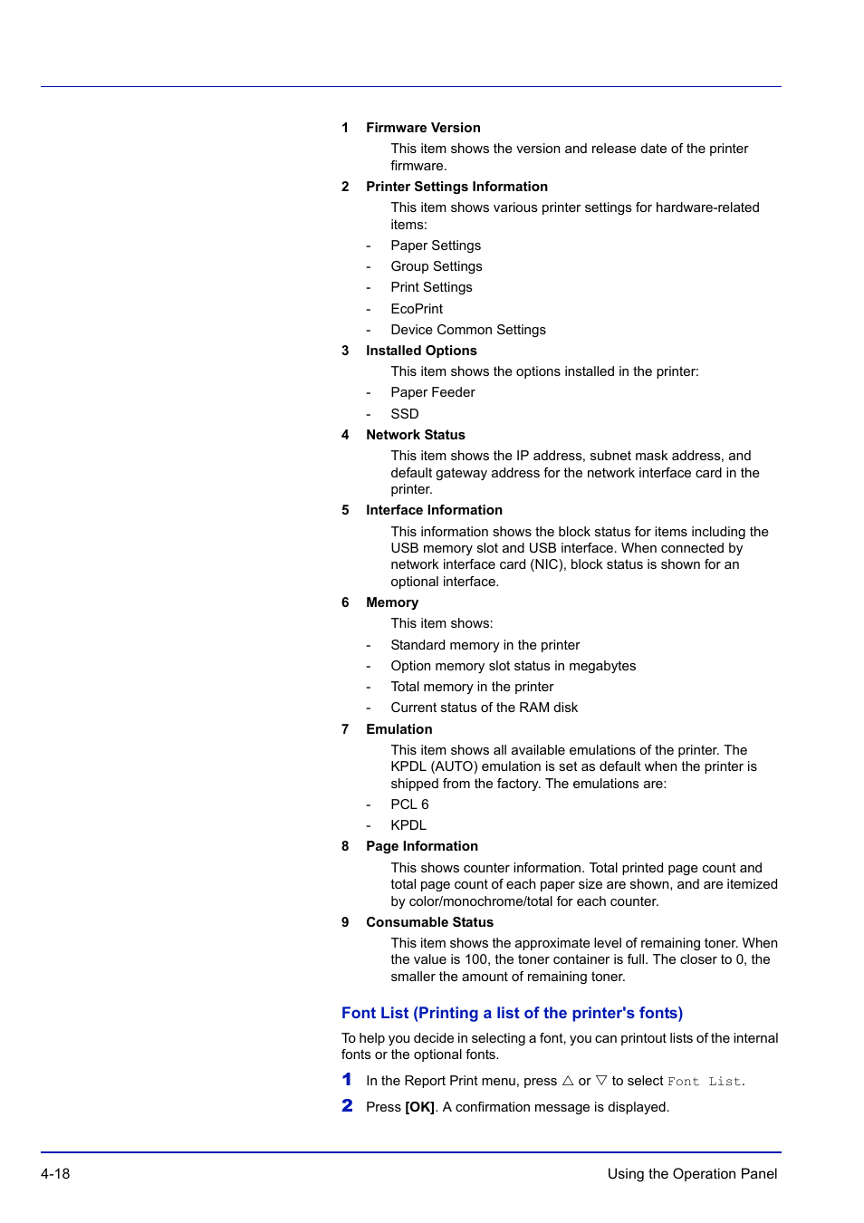 Font list (printing a list of the printer's fonts) | TA Triumph-Adler P-C3570DN User Manual | Page 91 / 255