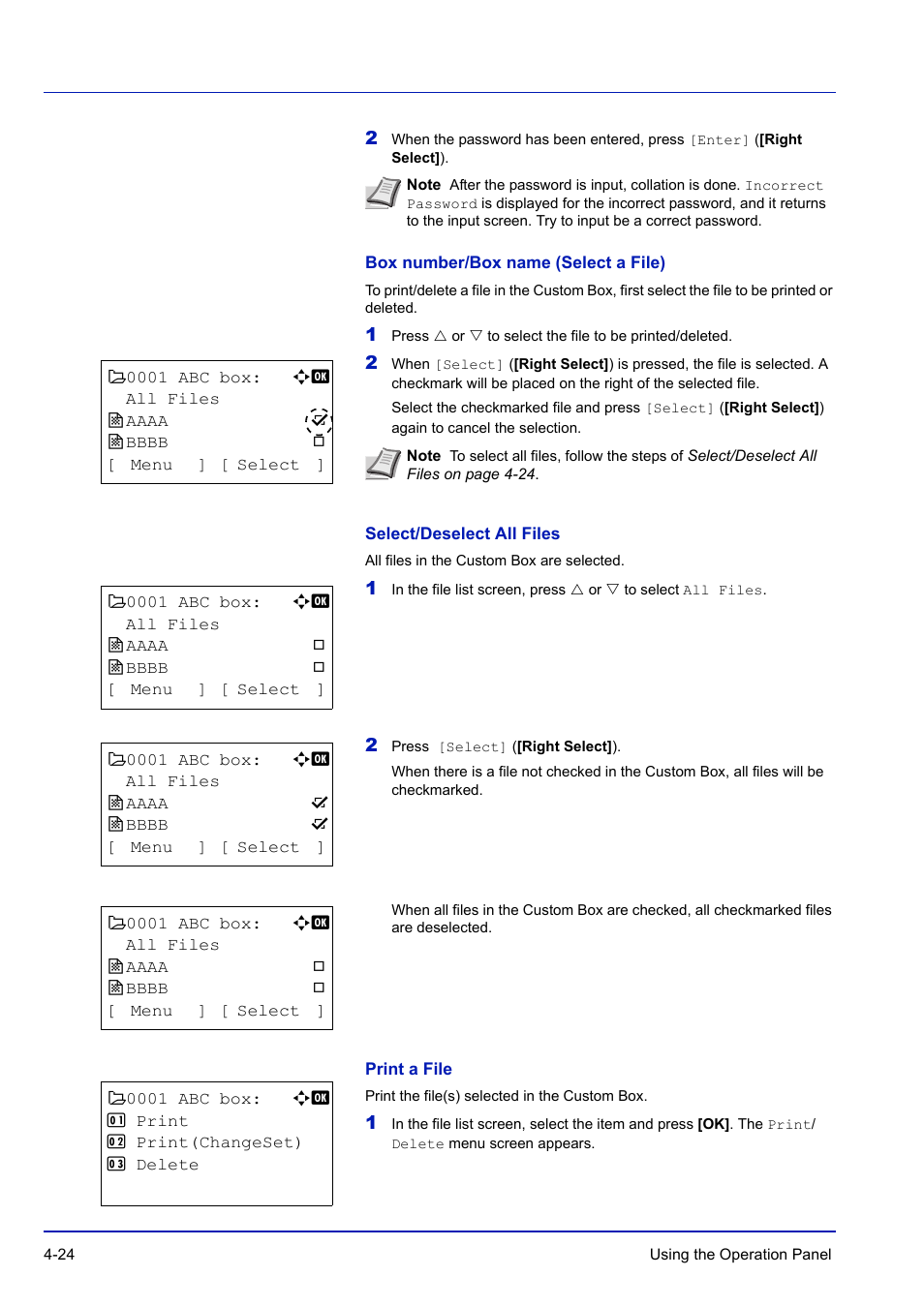 Box number/box name (select a file), Select/deselect all files, Print a file | TA Triumph-Adler P-C3570DN User Manual | Page 97 / 255
