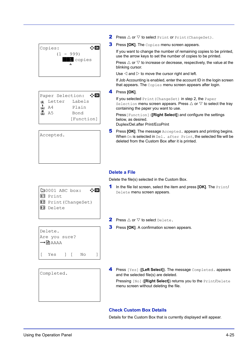 Delete a file, Check custom box details | TA Triumph-Adler P-C3570DN User Manual | Page 98 / 255