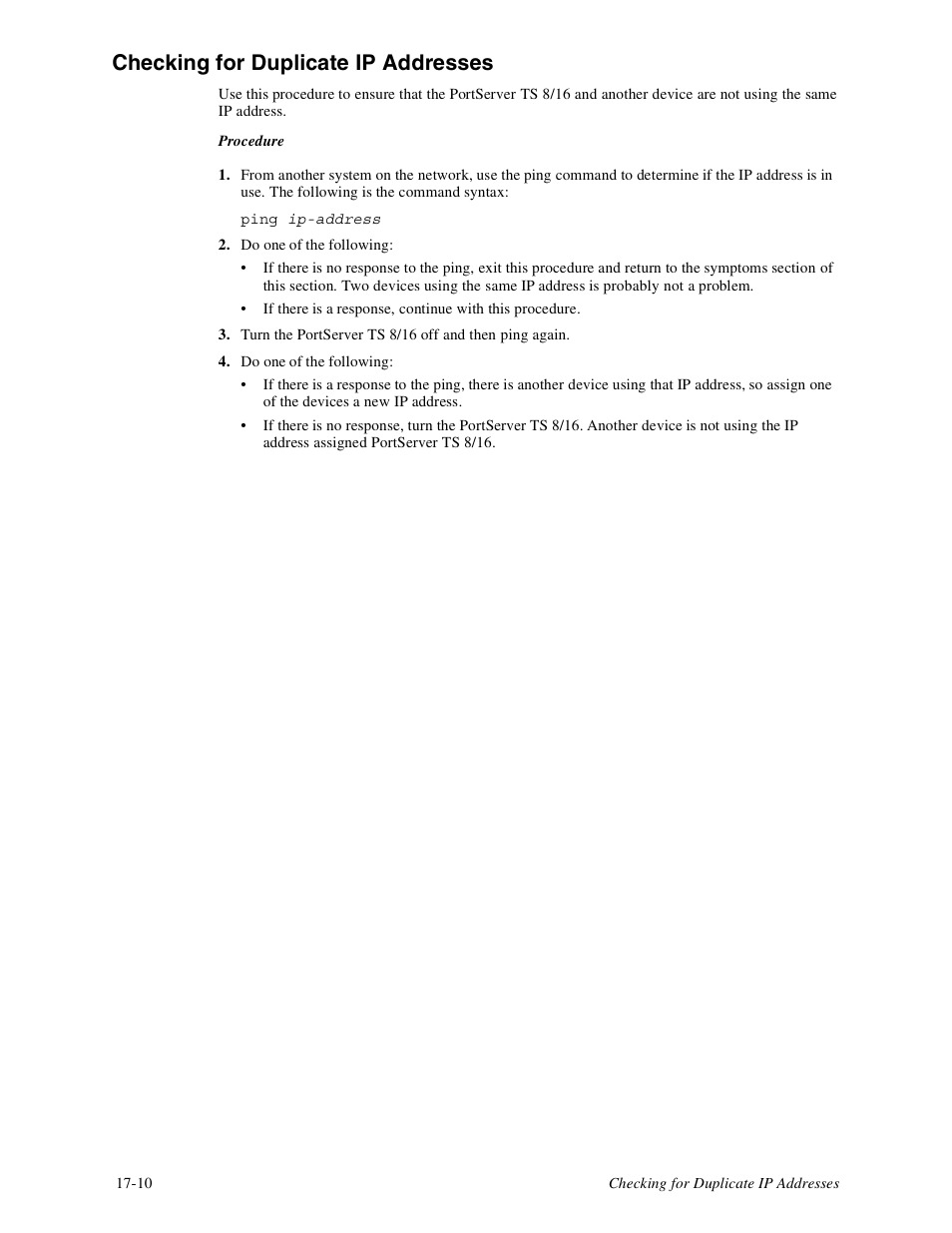 Checking for duplicate ip addresses -10, Checking for duplicate ip addresses | Digi PortServer TS8 User Manual | Page 100 / 106