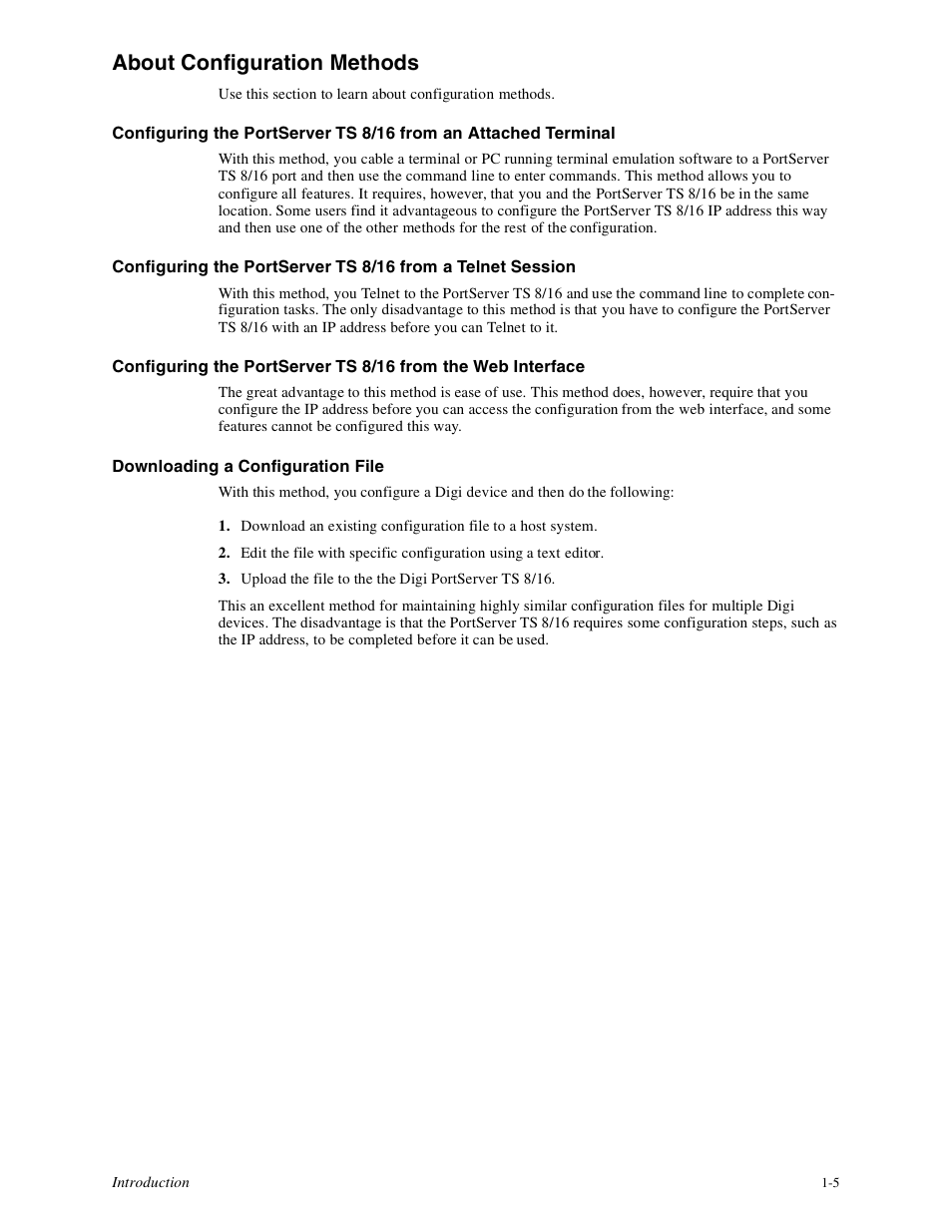 About configuration methods -5, About configuration methods | Digi PortServer TS8 User Manual | Page 11 / 106