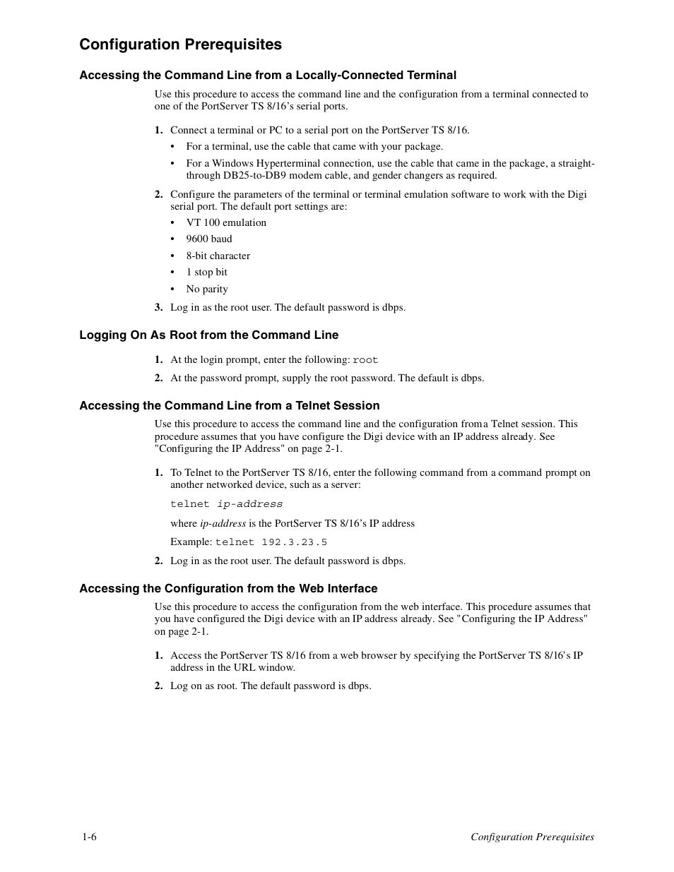 Configuration prerequisites -6, Configuration prerequisites | Digi PortServer TS8 User Manual | Page 12 / 106