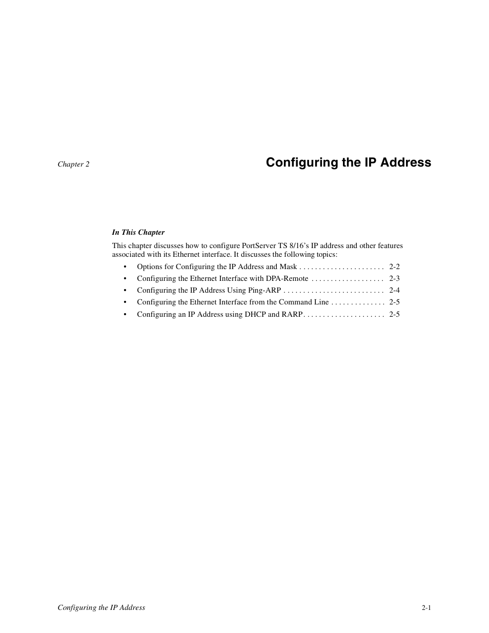 Chapter 2, Configuring the ip address | Digi PortServer TS8 User Manual | Page 13 / 106