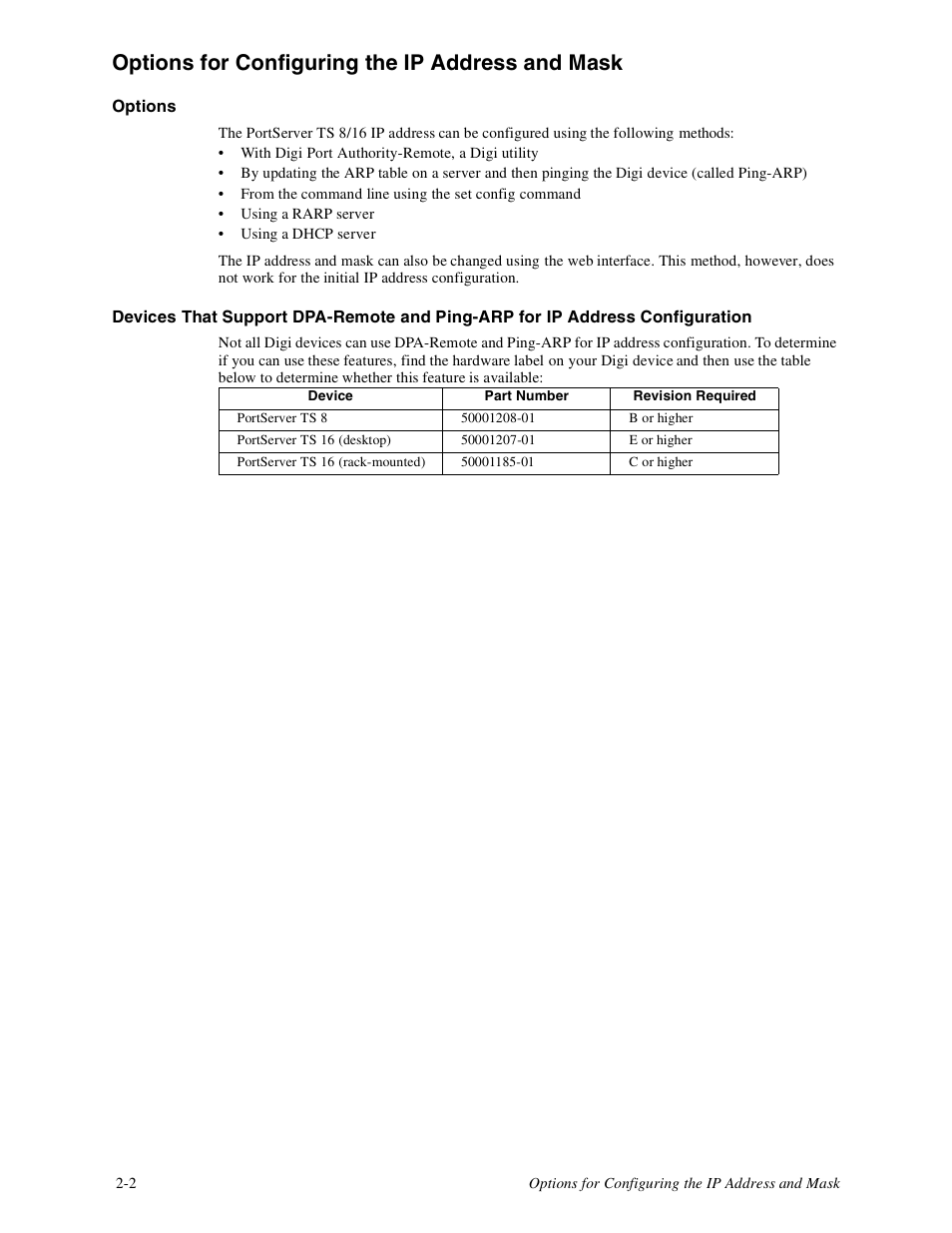 Options for configuring the ip address and mask -2, Options for configuring the ip address and mask | Digi PortServer TS8 User Manual | Page 14 / 106