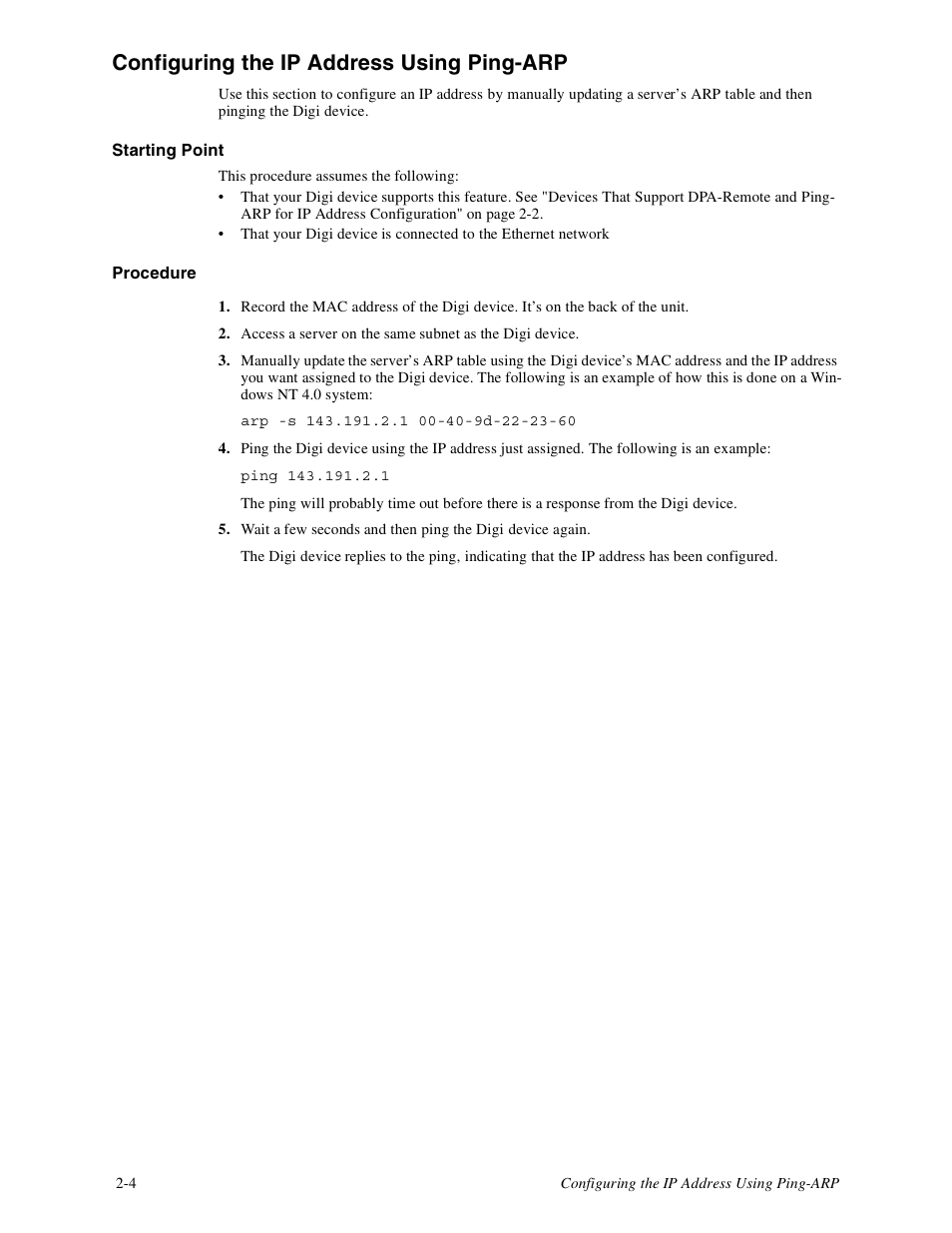 Configuring the ip address using ping-arp -4, Configuring the ip address using ping-arp | Digi PortServer TS8 User Manual | Page 16 / 106