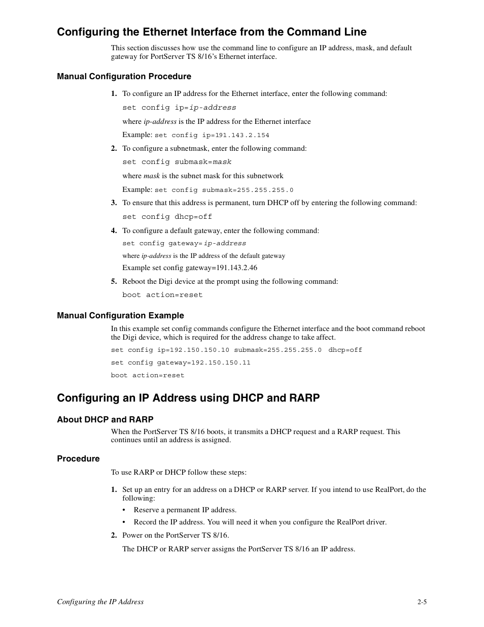 Configuring an ip address using dhcp and rarp | Digi PortServer TS8 User Manual | Page 17 / 106