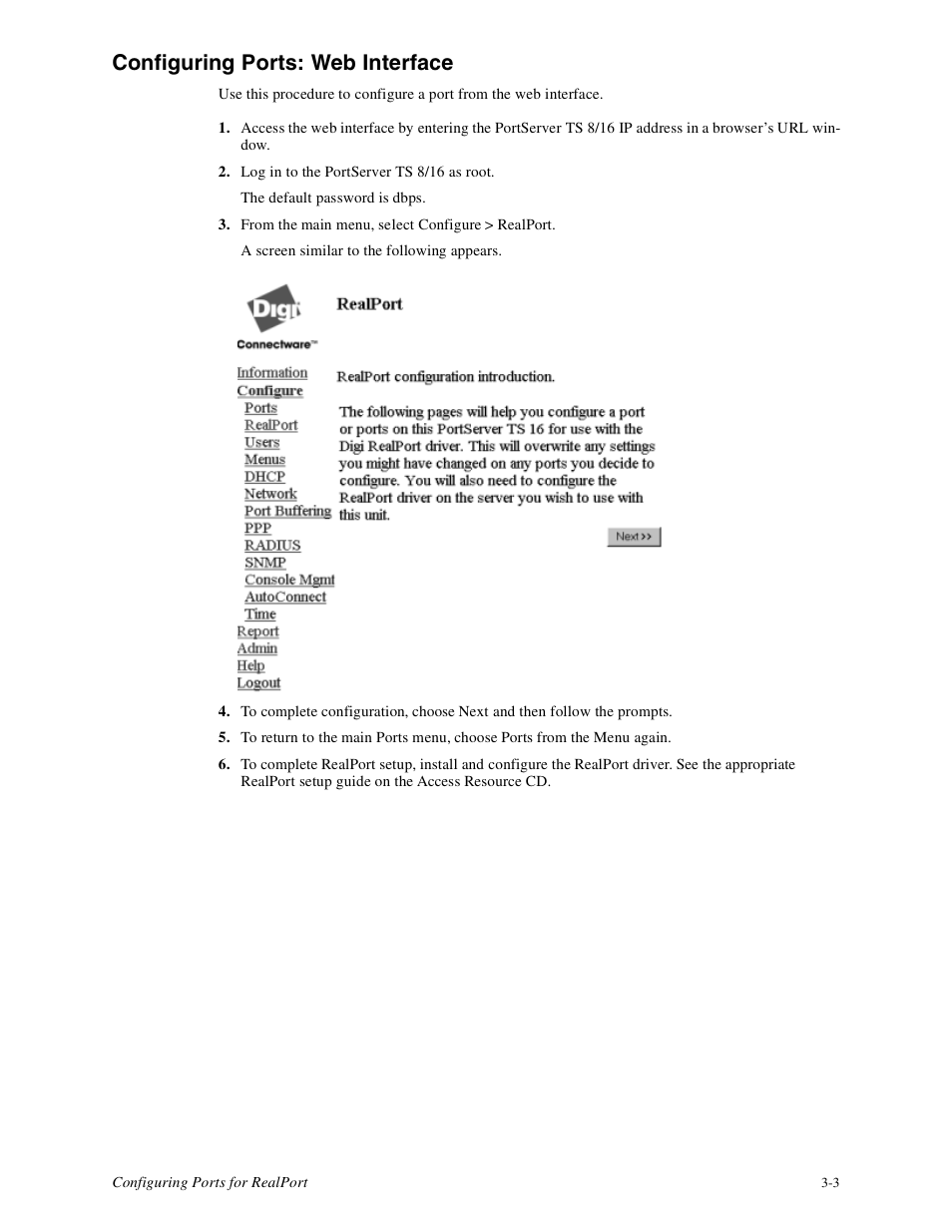 Configuring ports: web interface -3, Configuring ports: web interface | Digi PortServer TS8 User Manual | Page 21 / 106