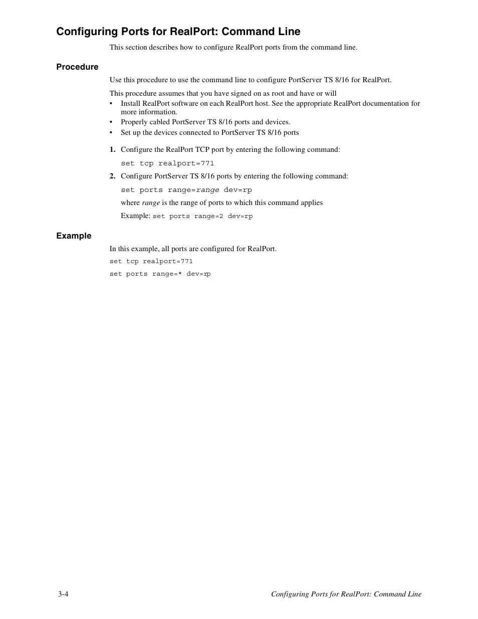 Configuring ports for realport: command line -4, Configuring ports for realport: command line, Example | Digi PortServer TS8 User Manual | Page 22 / 106