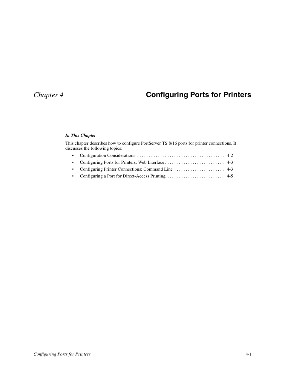Chapter 4, Configuring ports for printers, Chapter 4 configuring ports for printers | Digi PortServer TS8 User Manual | Page 23 / 106