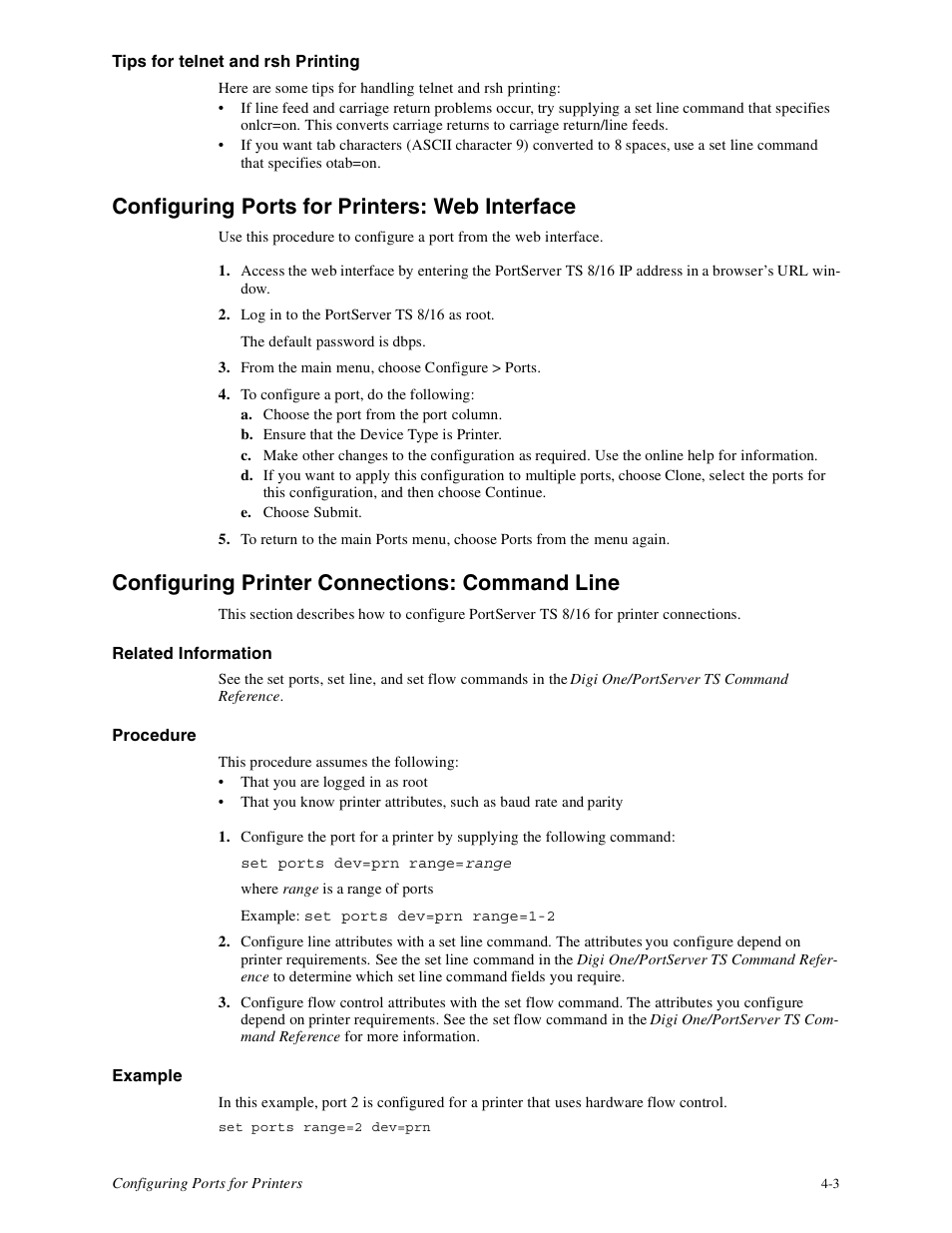 Configuring ports for printers: web interface, Configuring printer connections: command line | Digi PortServer TS8 User Manual | Page 25 / 106