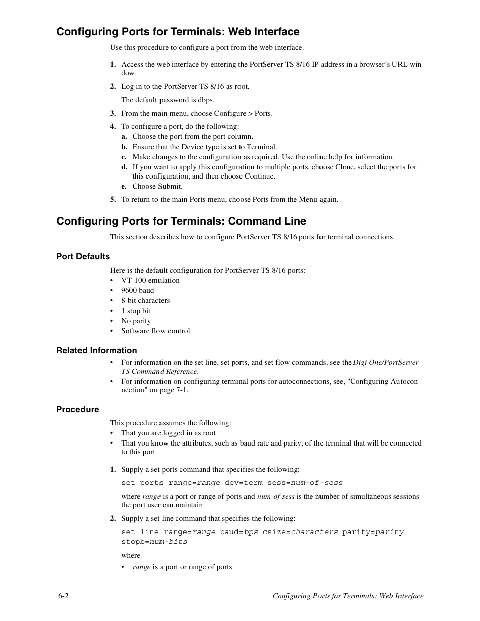 Configuring ports for terminals: web interface, Configuring ports for terminals: command line | Digi PortServer TS8 User Manual | Page 30 / 106