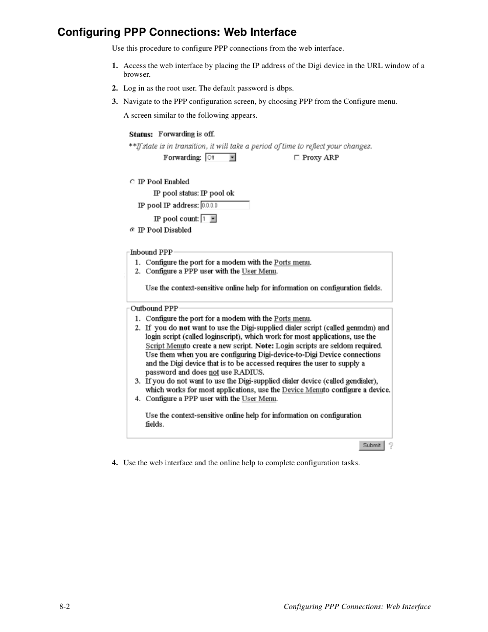 Configuring ppp connections: web interface -2, Configuring ppp connections: web interface | Digi PortServer TS8 User Manual | Page 38 / 106