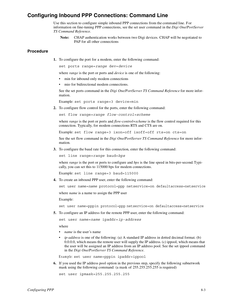 Configuring inbound ppp connections: command line | Digi PortServer TS8 User Manual | Page 39 / 106