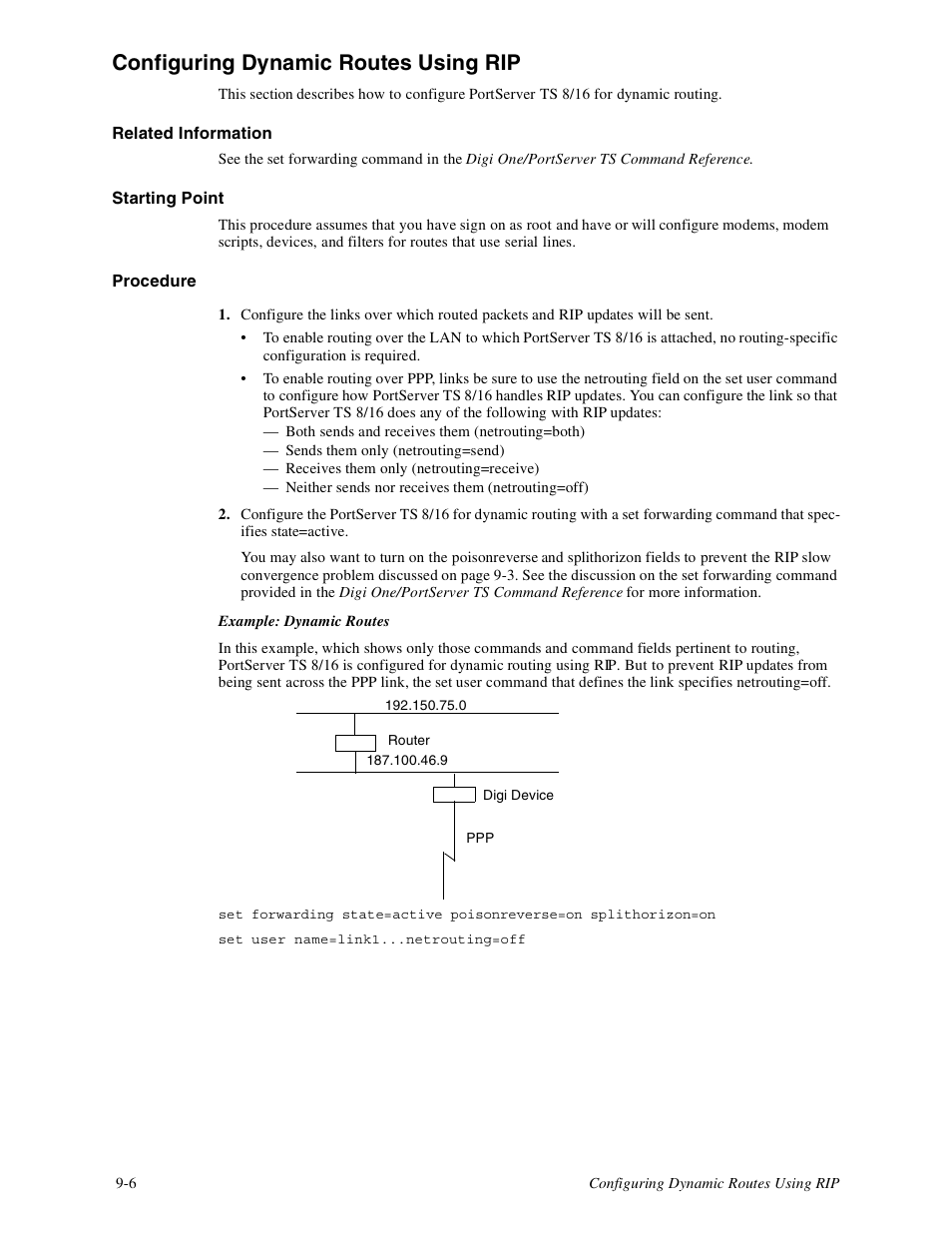 Configuring dynamic routes using rip -6, Configuring dynamic routes using rip | Digi PortServer TS8 User Manual | Page 48 / 106