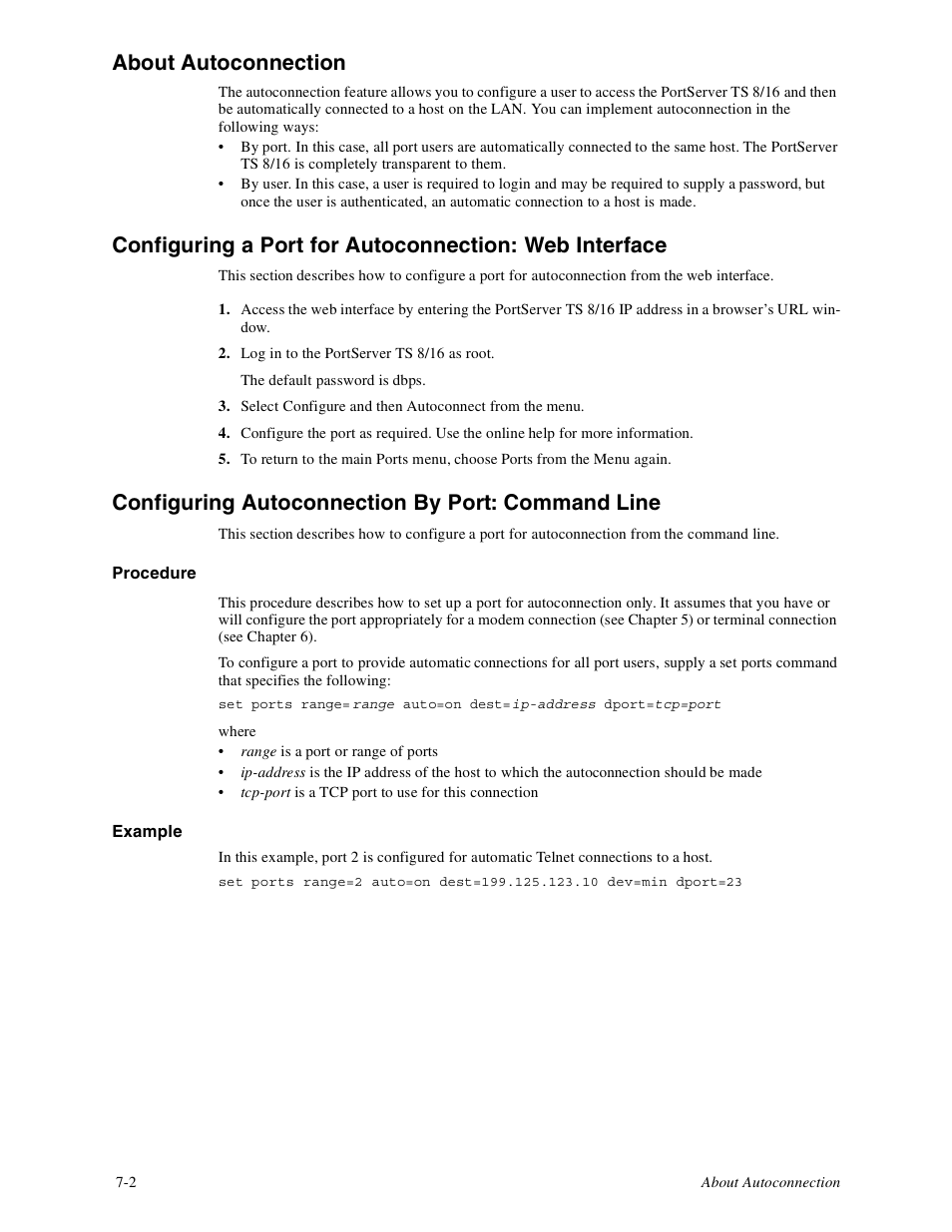 About autoconnection, Configuring autoconnection by port: command line | Digi PortServer TS8 User Manual | Page 52 / 106