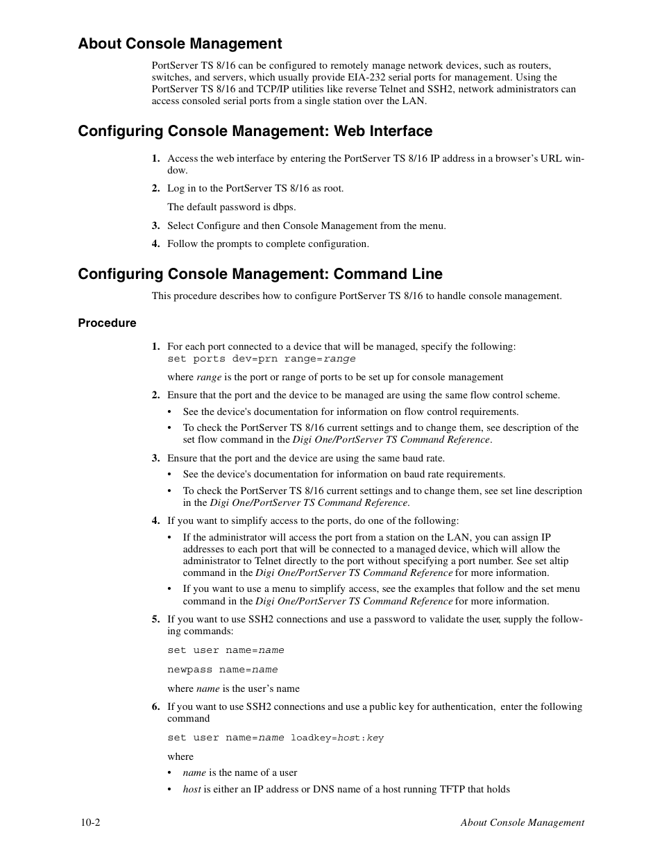 About console management, Configuring console management: web interface, Configuring console management: command line | Digi PortServer TS8 User Manual | Page 56 / 106