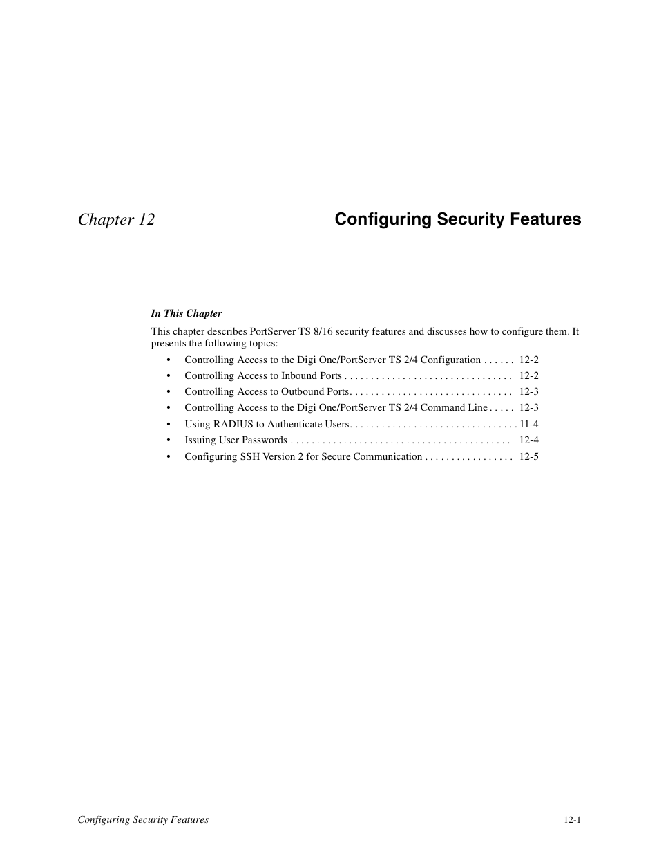 Chapter 11 configuring security features, Chapter 12 configuring security features | Digi PortServer TS8 User Manual | Page 59 / 106