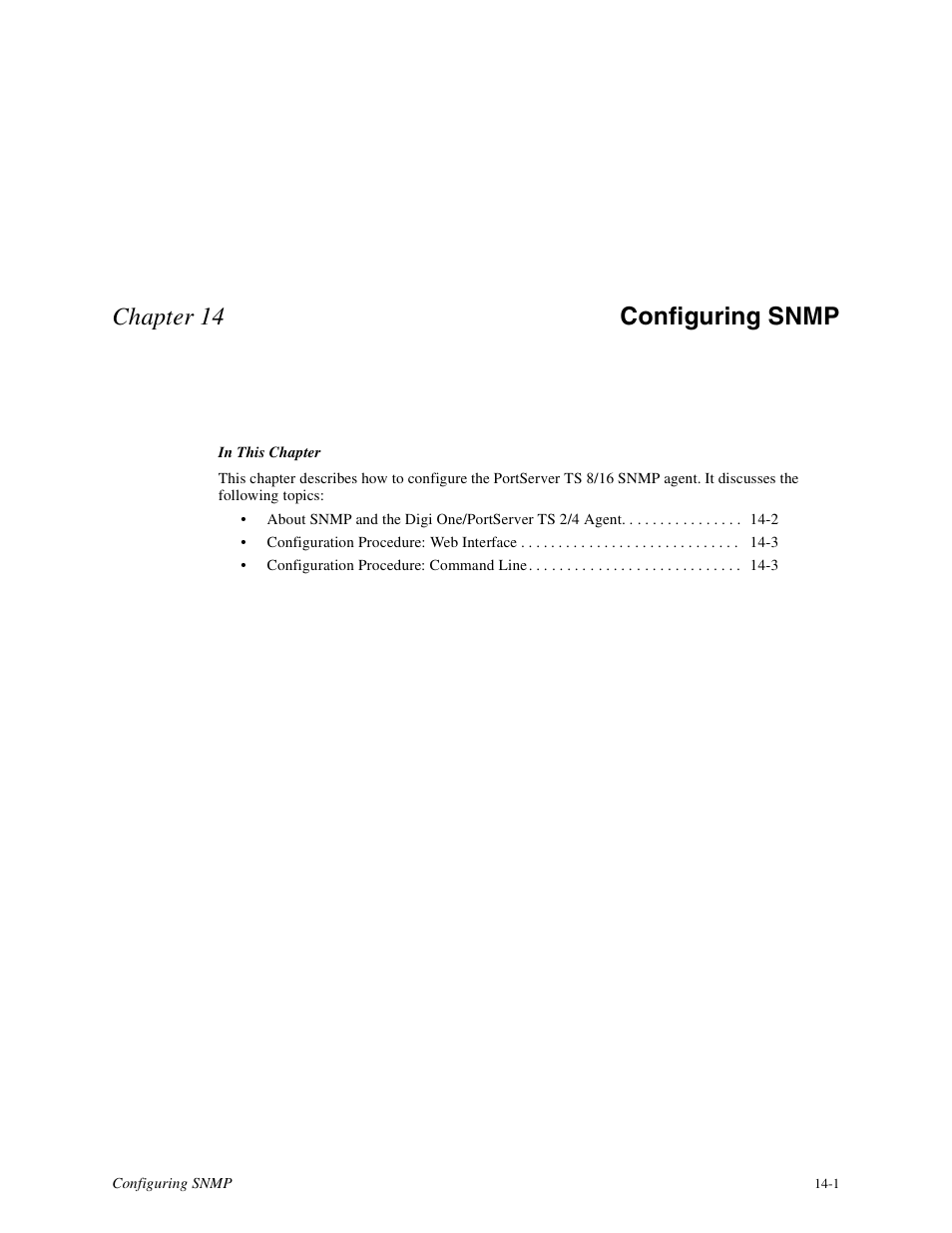 Chapter 13 configuring snmp, Chapter 14 configuring snmp | Digi PortServer TS8 User Manual | Page 71 / 106