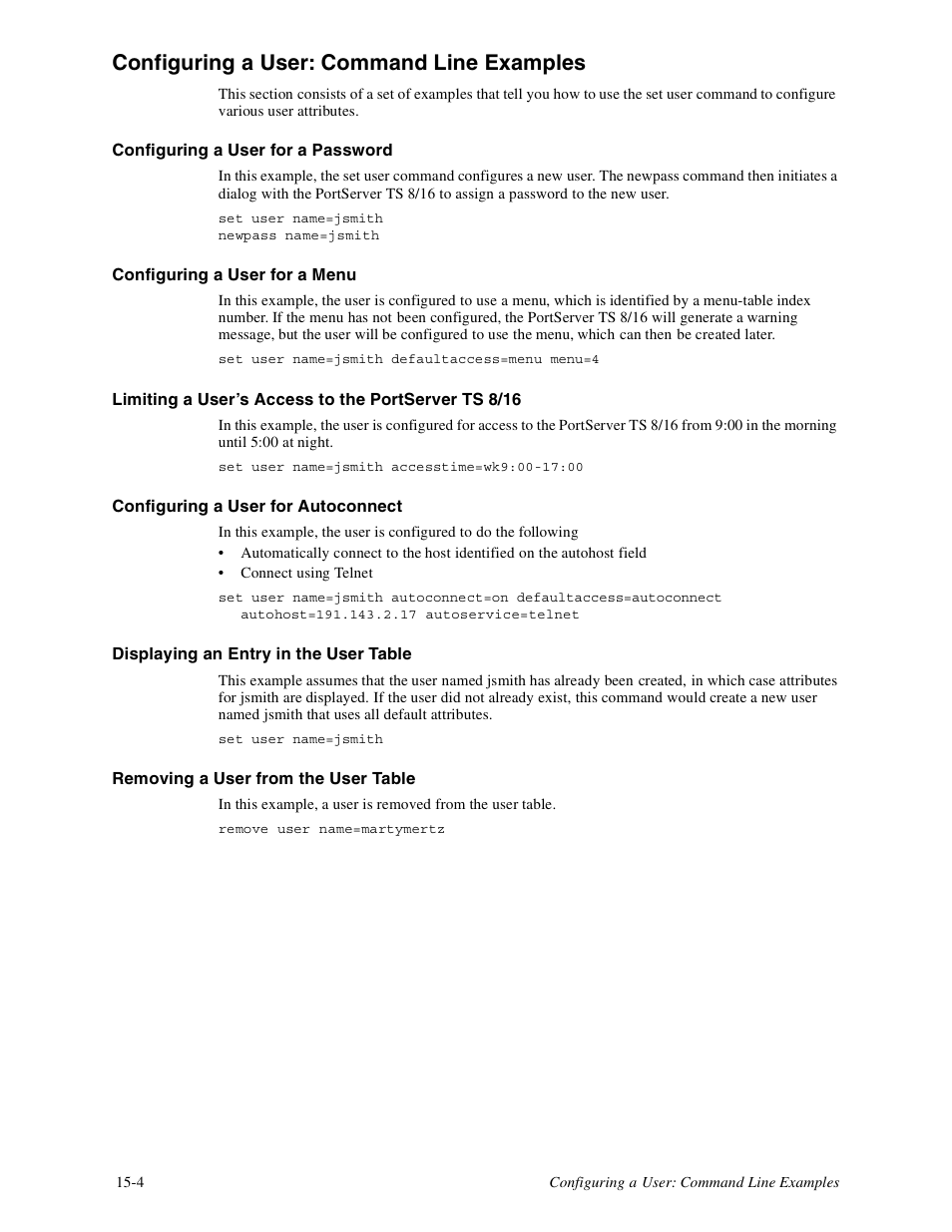 Configuring a user: command line examples -4, Configuring a user: command line examples | Digi PortServer TS8 User Manual | Page 84 / 106
