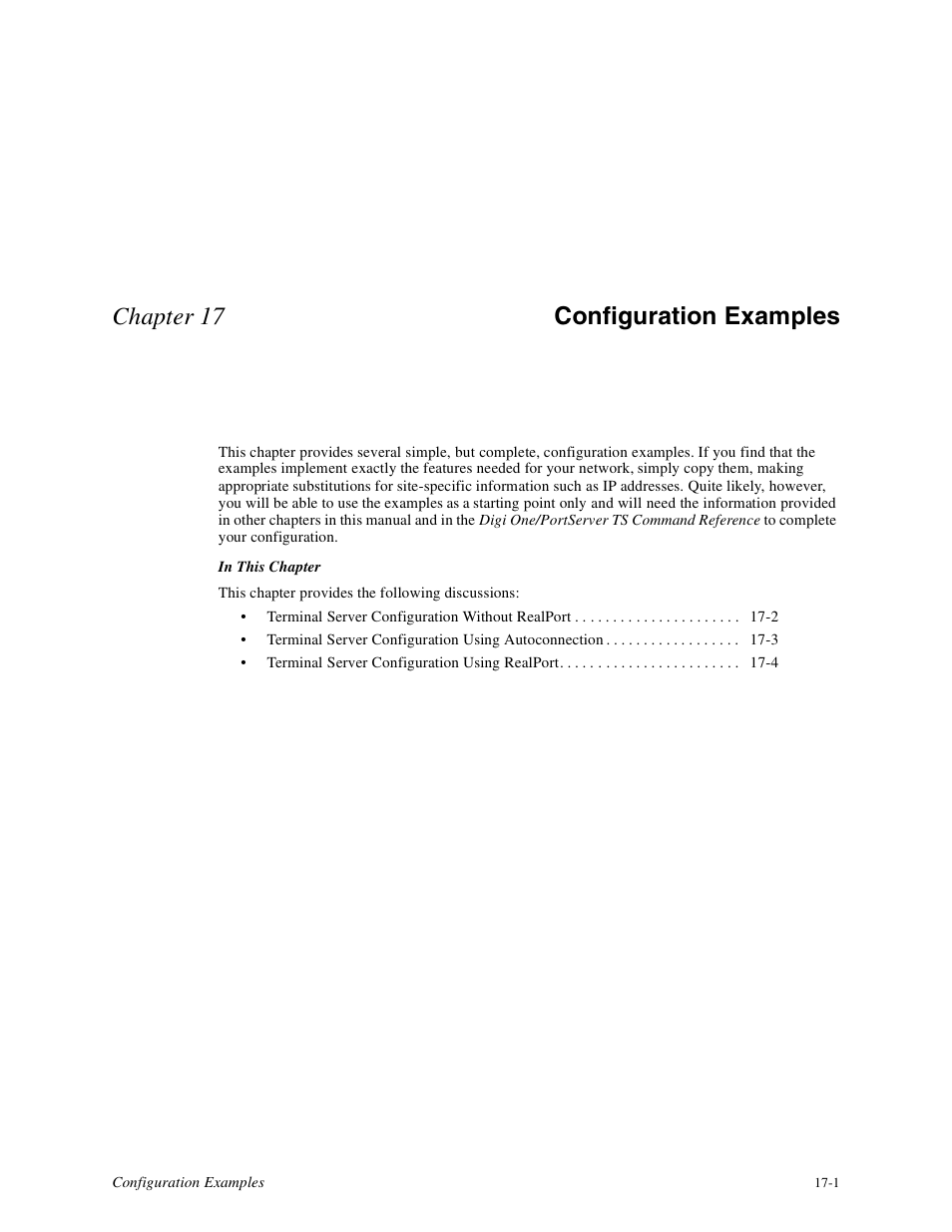 Chapter 16 configuration examples, Chapter 17 configuration examples | Digi PortServer TS8 User Manual | Page 85 / 106