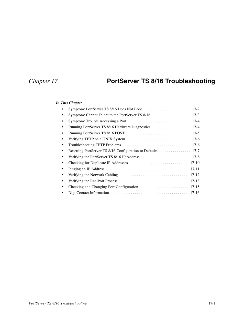 Chapter 17 portserver ts 8/16 troubleshooting | Digi PortServer TS8 User Manual | Page 91 / 106
