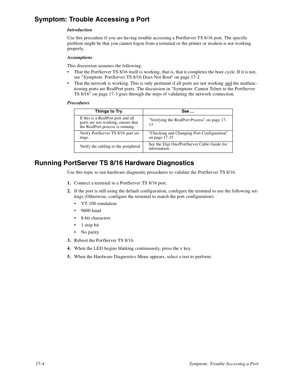 Symptom: trouble accessing a port -4, Running portserver ts 8/16 hardware diagnostics, Symptom: trouble accessing a port | Digi PortServer TS8 User Manual | Page 94 / 106