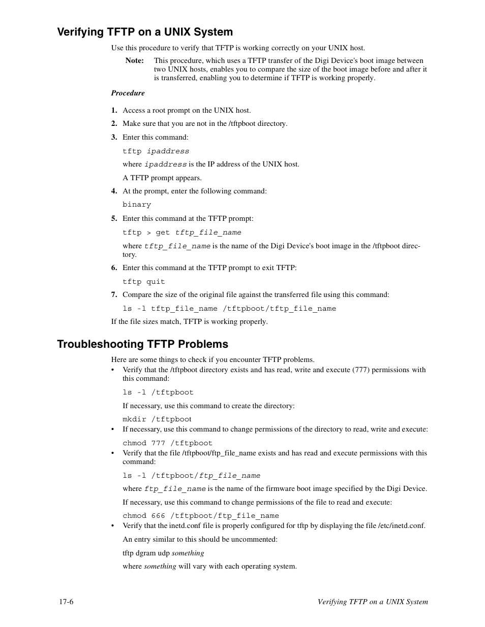 Verifying tftp on a unix system, Troubleshooting tftp problems | Digi PortServer TS8 User Manual | Page 96 / 106