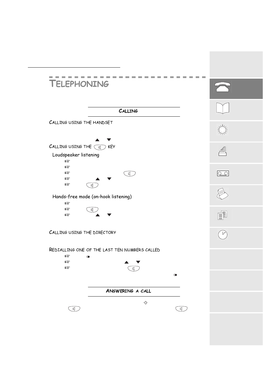Telephoning, Calling, Calling using the handset | Calling using the key, Calling using the directory, Redialling one of the last ten numbers called, Answering a call, Doolqj, Qvzhulqjdfdoo | TA Triumph-Adler FAX 720 User Manual | Page 17 / 66