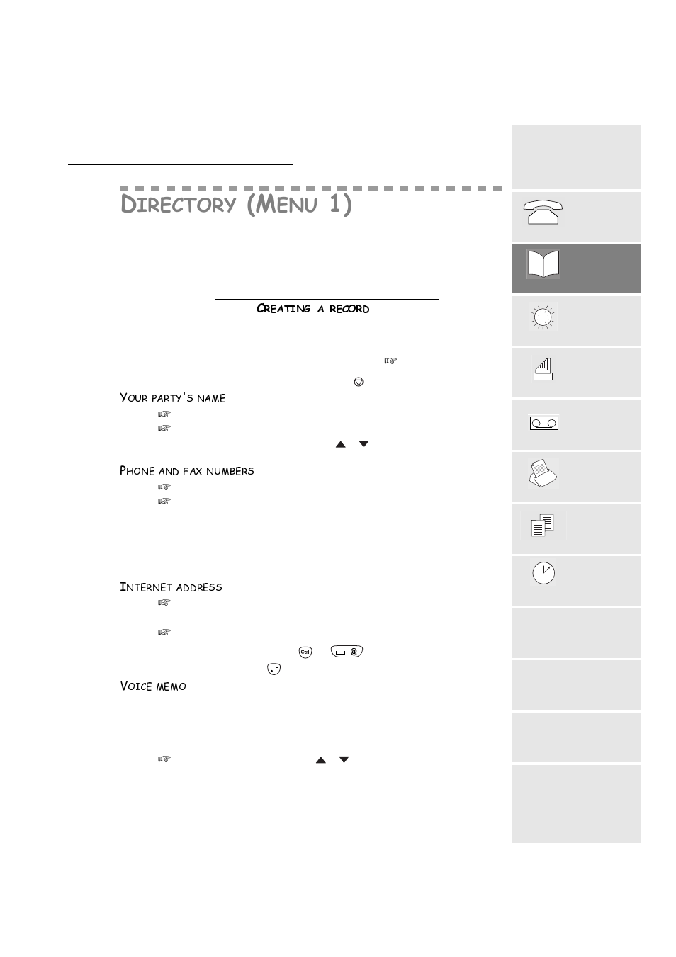 Directory (menu1), Creating a record, Your party's name | Phone and fax numbers, Internet address, Voice memo, Uhdwlqjduhfrug | TA Triumph-Adler FAX 720 User Manual | Page 19 / 66