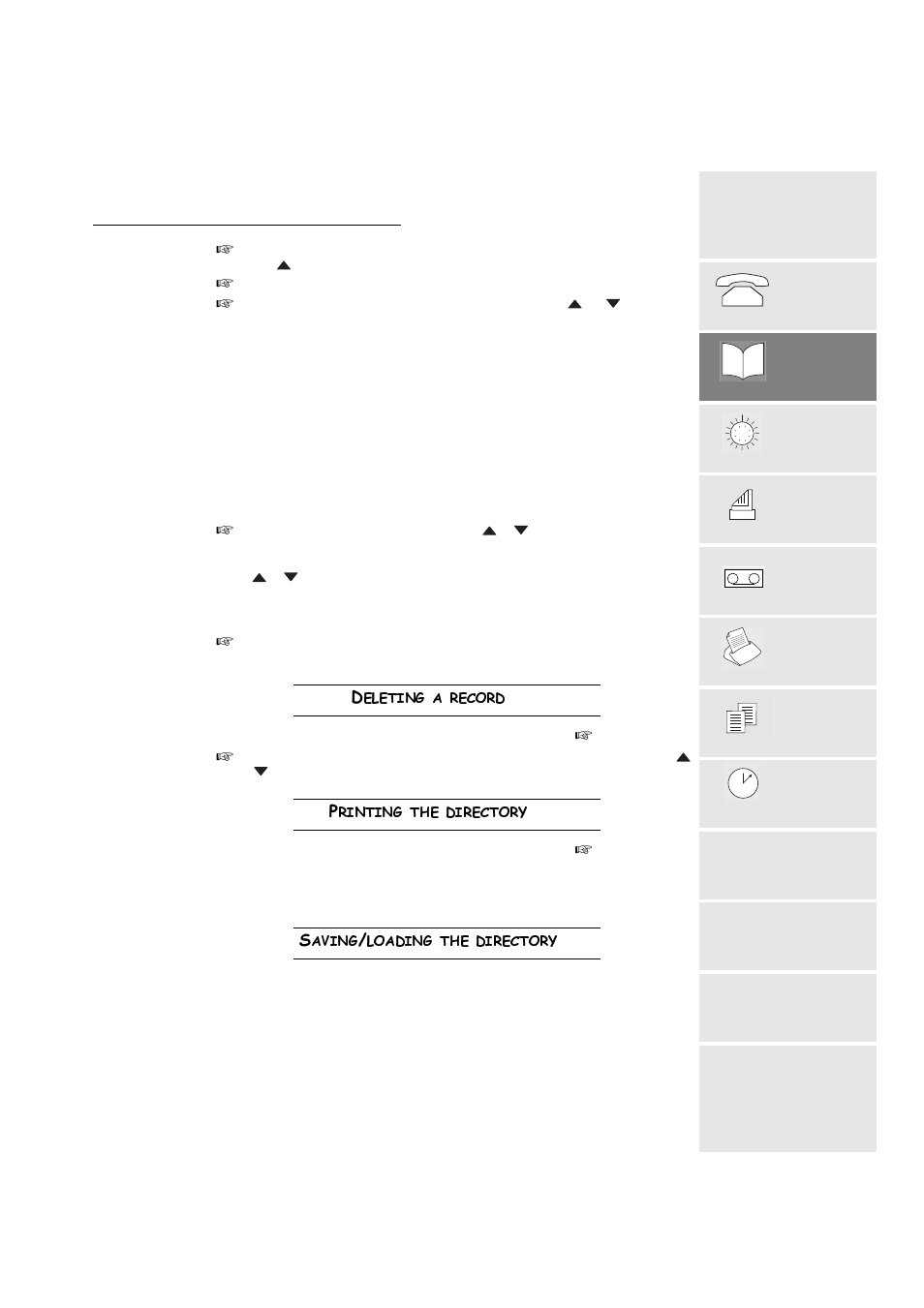 Deleting a record, Printing the directory, Saving/loading the directory | Hohwlqjduhfrug, 3ulqwlqjwkhgluhfwru, 6dylqjordglqjwkhgluhfwru | TA Triumph-Adler FAX 720 User Manual | Page 21 / 66