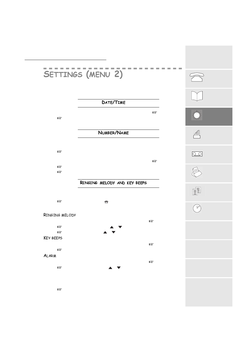 Settings (menu 2), Date/time, Number/name | Ringing melody and key beeps, Ringing melody, Key beeps, Alarm, Dwh7lph, 1xpehu1dph, 5lqjlqjphorg\dqgnh\ehhsv | TA Triumph-Adler FAX 720 User Manual | Page 23 / 66