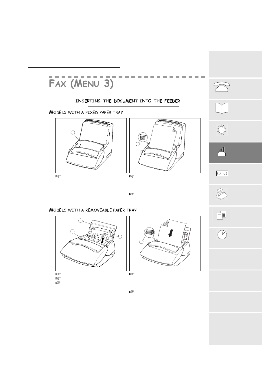 Fax (menu3), Inserting the document into the feeder, Models with a fixed paper tray | Models with a removeable paper tray, Qvhuwlqjwkhgrfxphqwlqwrwkhihhghu | TA Triumph-Adler FAX 720 User Manual | Page 27 / 66